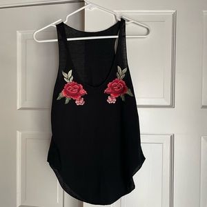 Black racer back tank top with rose decals